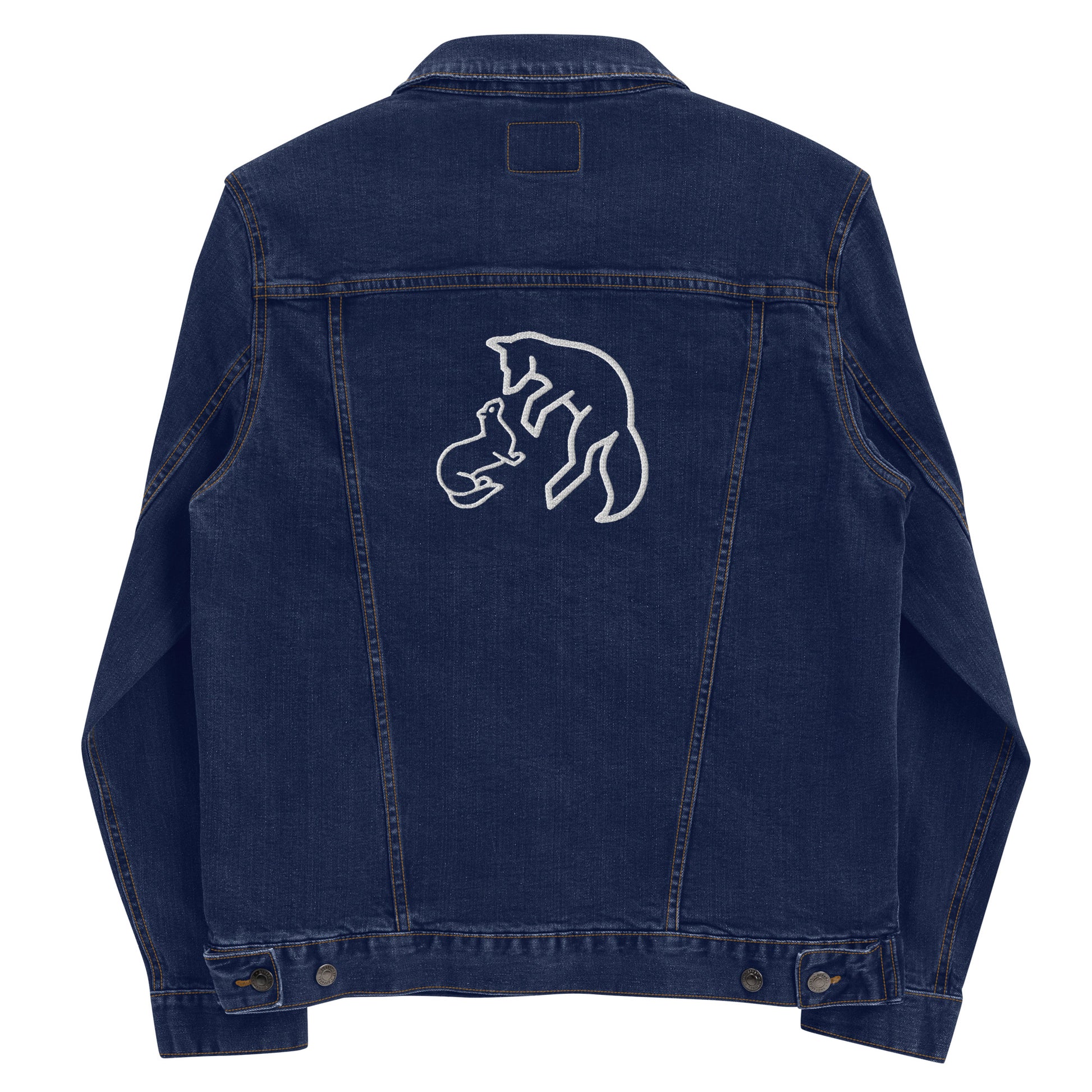 Vintage style classic denim jacket with distressed wash and custom embroidery details on back