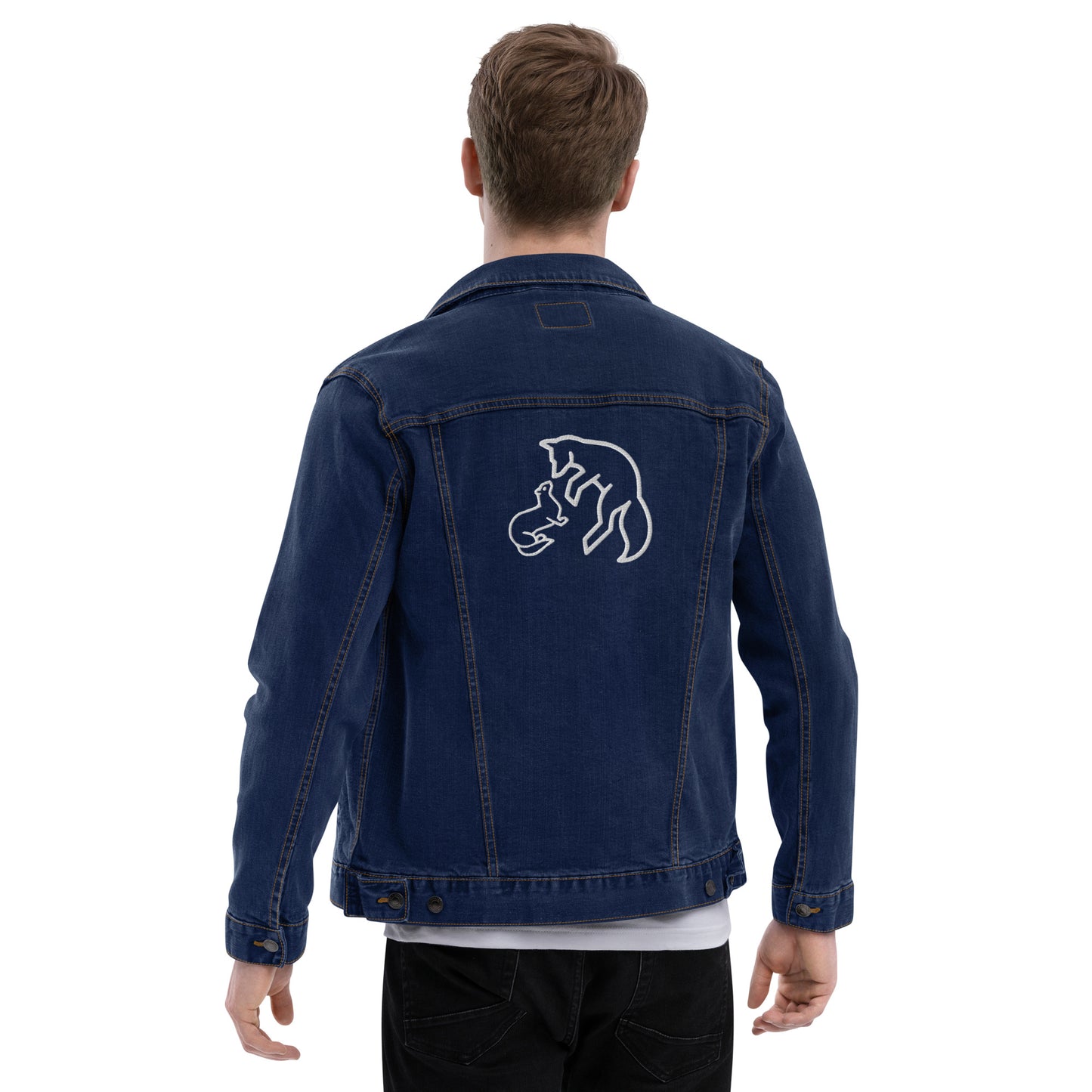 Vintage style classic denim jacket with distressed wash and custom embroidery details on back