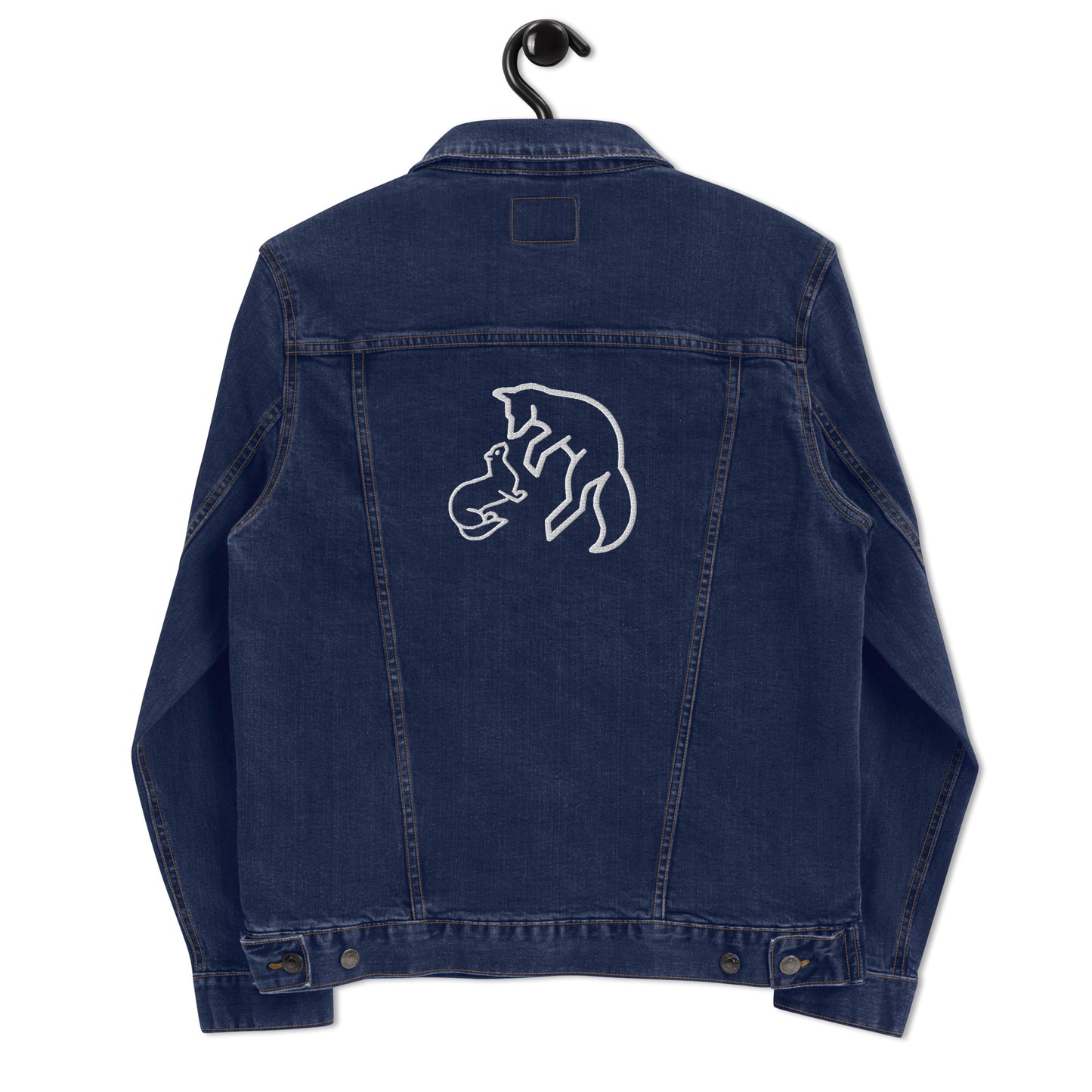 Vintage style classic denim jacket with distressed wash and custom embroidery details on back