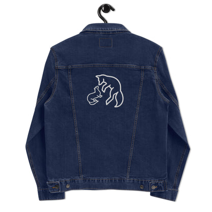 Vintage style classic denim jacket with distressed wash and custom embroidery details on back