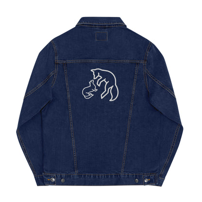 Vintage style classic denim jacket with distressed wash and custom embroidery details on back