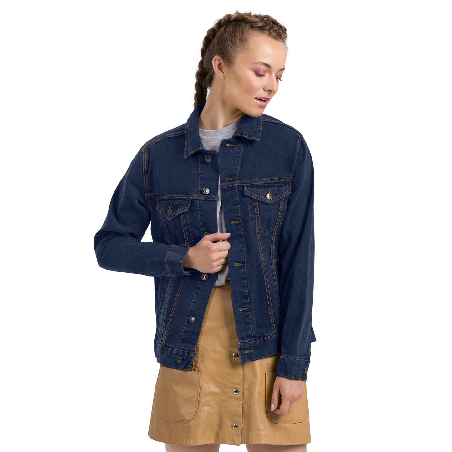 Vintage style classic denim jacket with distressed wash and custom embroidery details on back