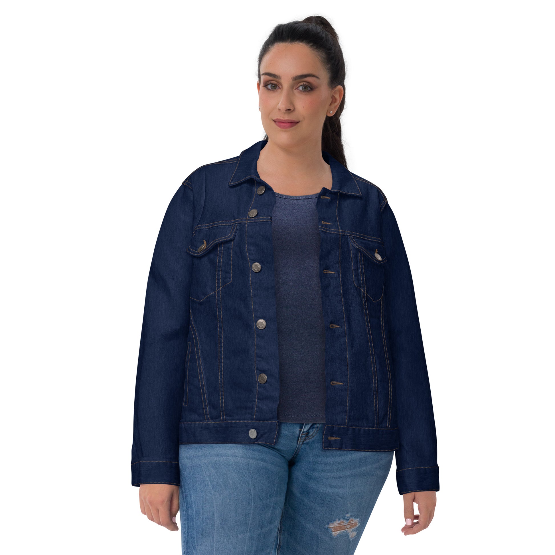 Vintage style classic denim jacket with distressed wash and custom embroidery details on back