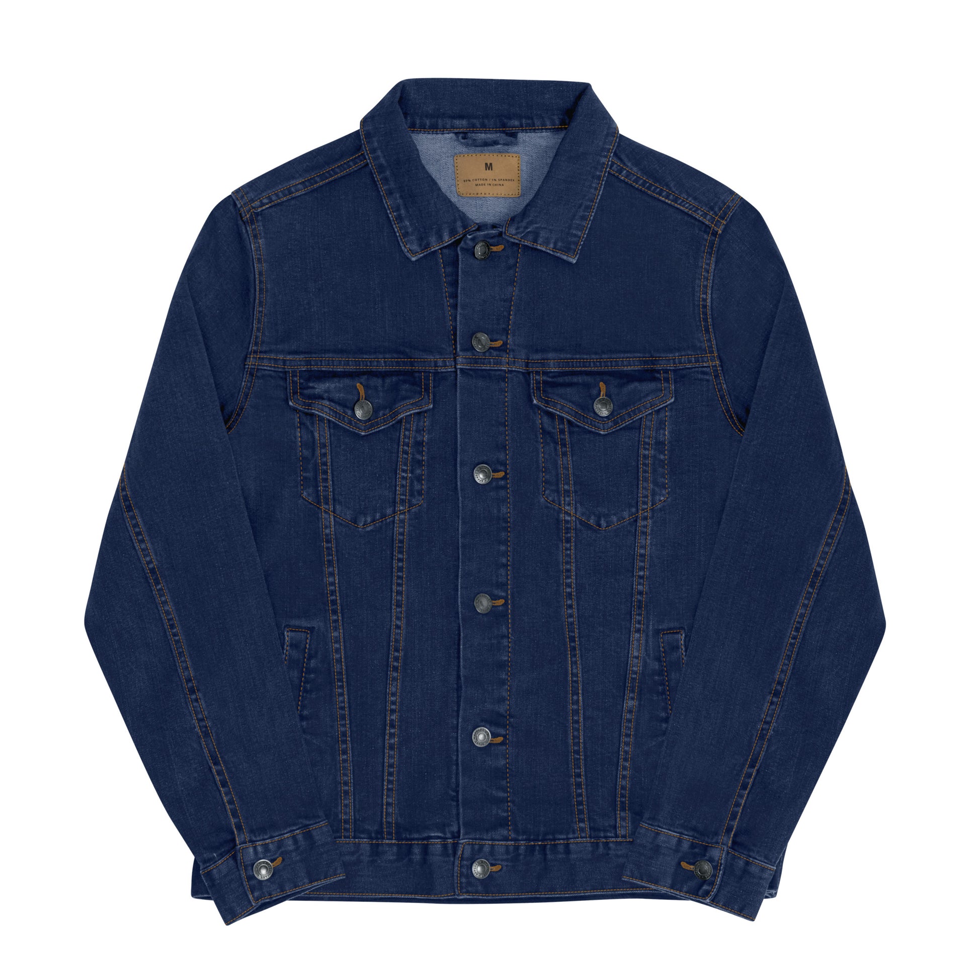 Vintage style classic denim jacket with distressed wash and custom embroidery details on back