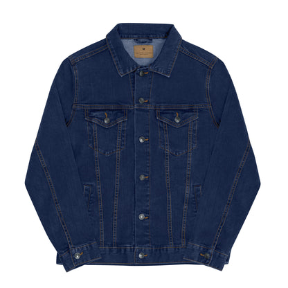 Vintage style classic denim jacket with distressed wash and custom embroidery details on back