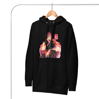 Black anime hoodie with red malevolent cursed energy design inspired by Jujutsu Kaisen