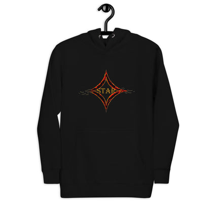 Black color hoodie featuring bright star universal decay cosmic design with vibrant supernova colors