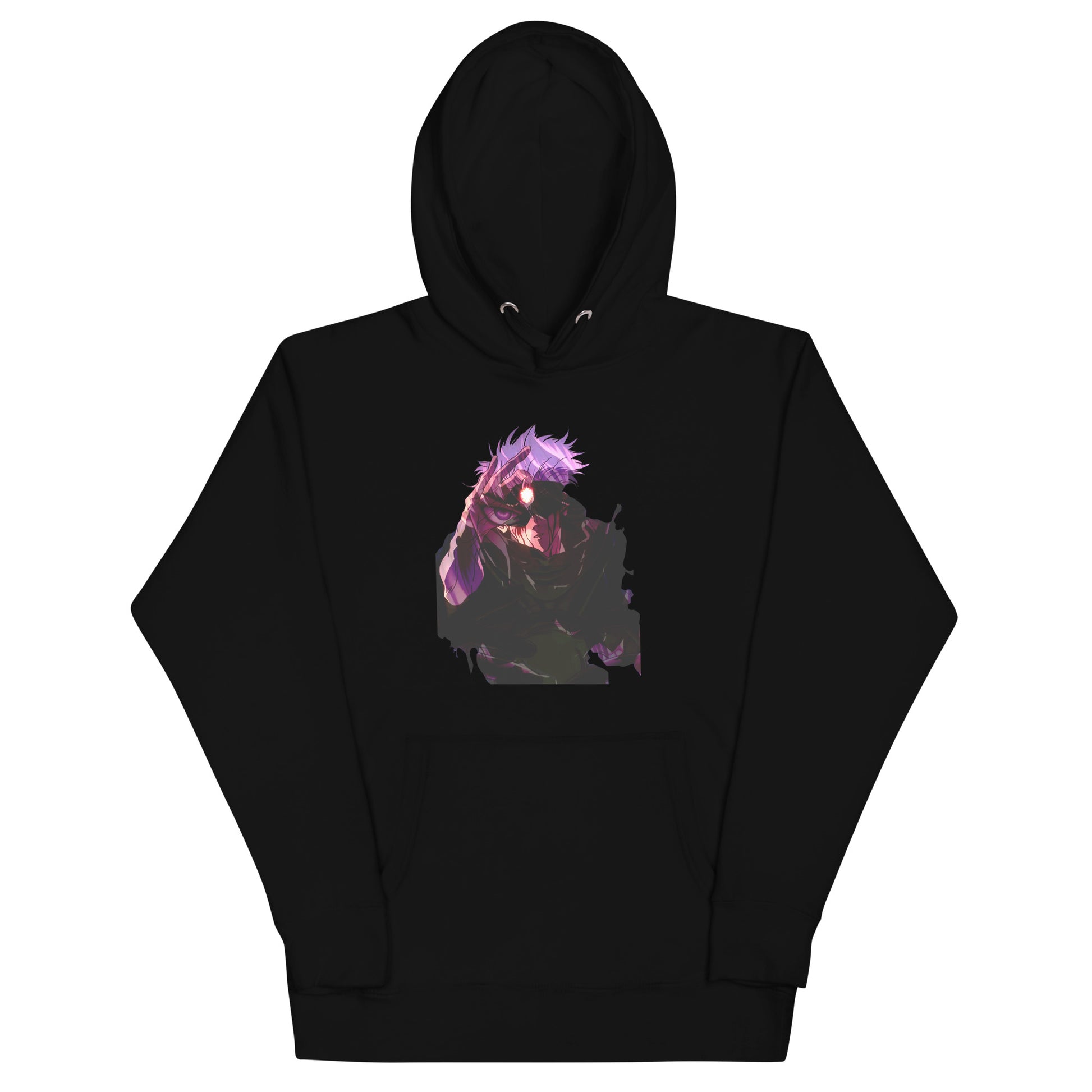 Black infinity streetwear hoodie featuring minimal urban design, oversized hood and split pocket details