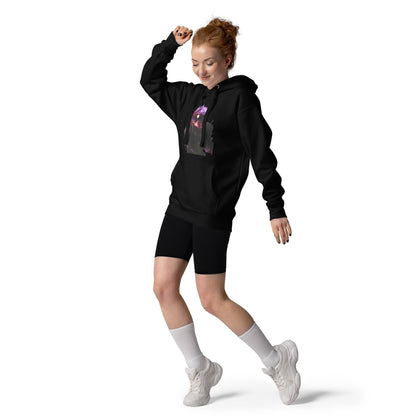 Black infinity streetwear hoodie featuring minimal urban design, oversized hood and split pocket details