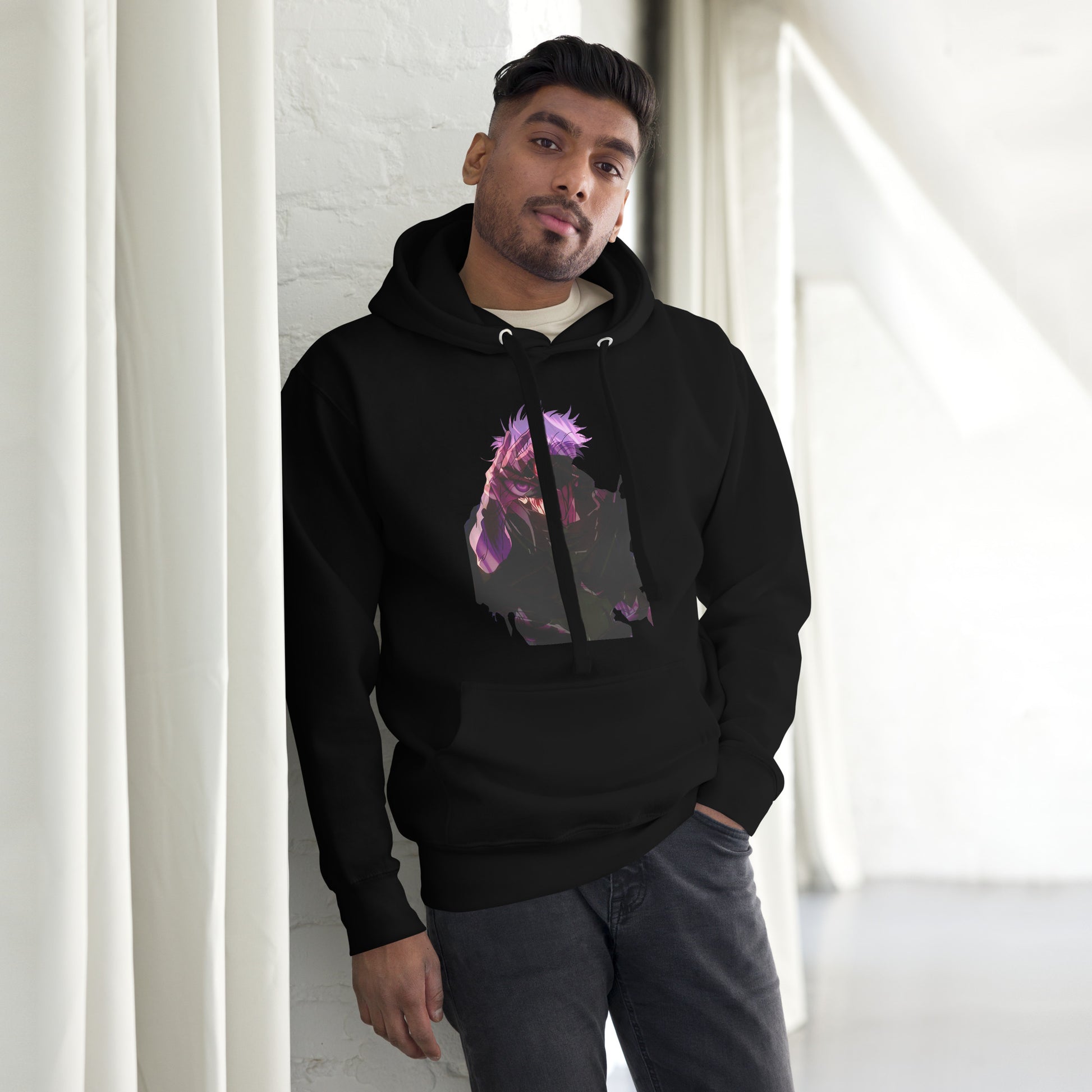 Black infinity streetwear hoodie featuring minimal urban design, oversized hood and split pocket details