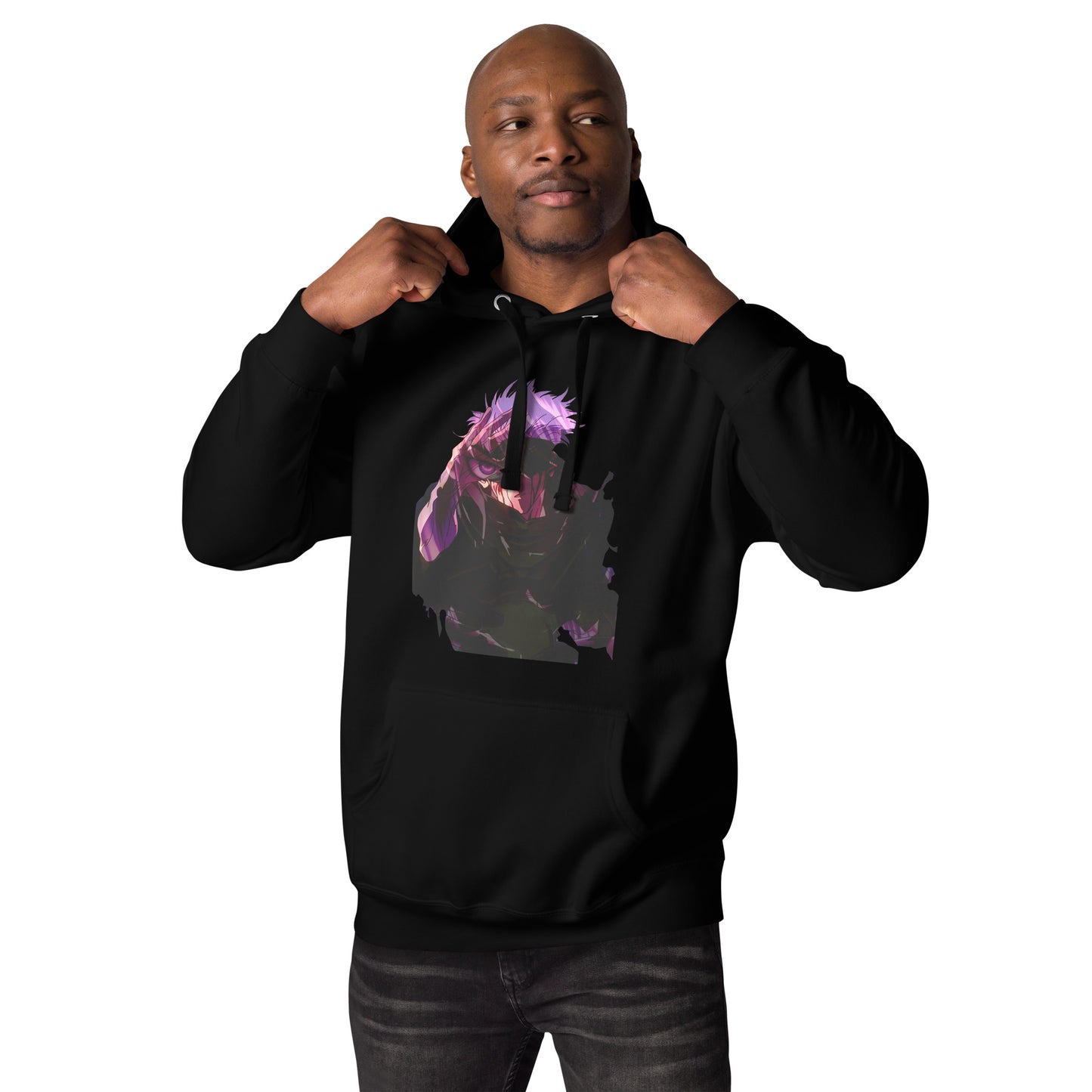 Black infinity streetwear hoodie featuring minimal urban design, oversized hood and split pocket details