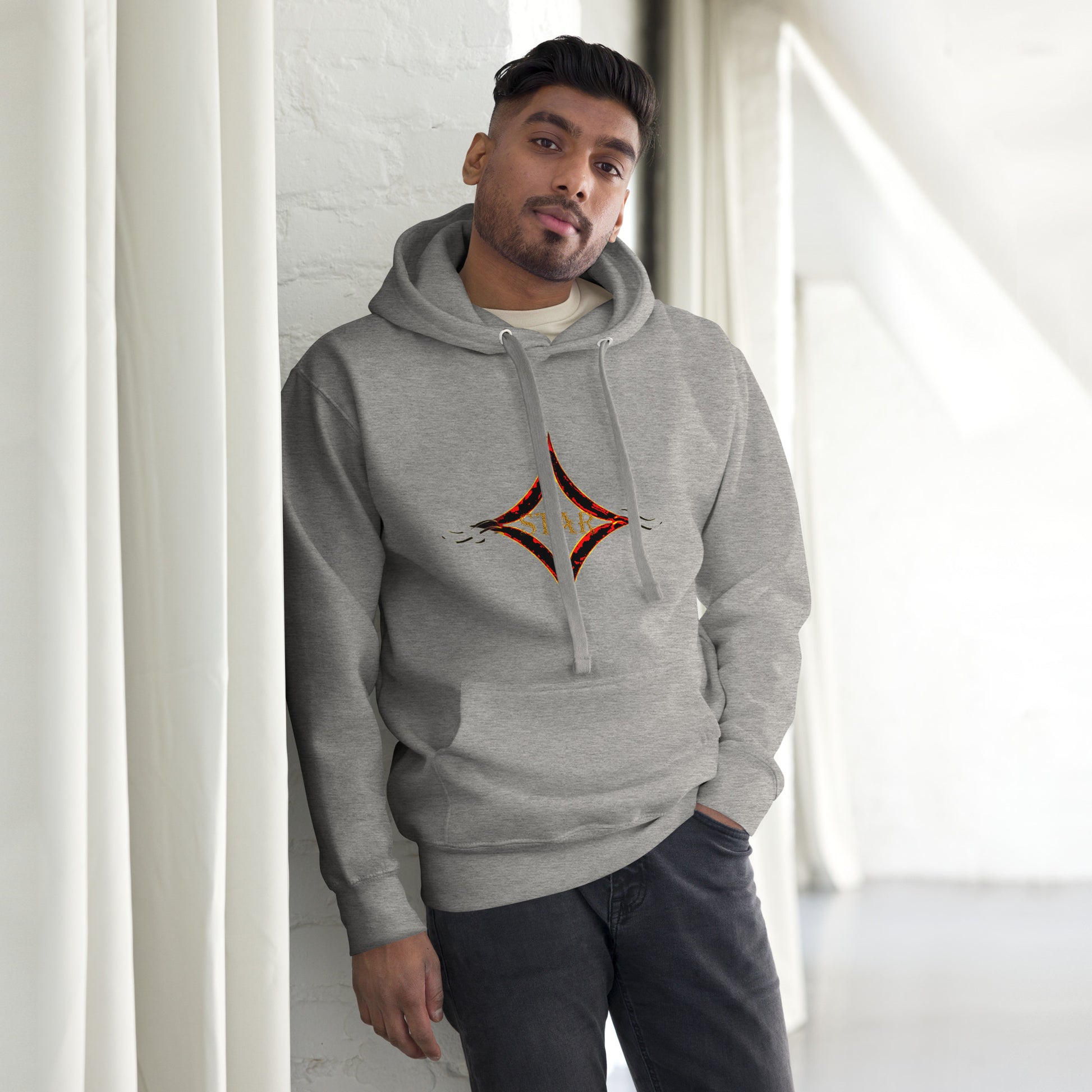 Carbon Grey color hoodie featuring bright star universal decay cosmic design with vibrant supernova colors