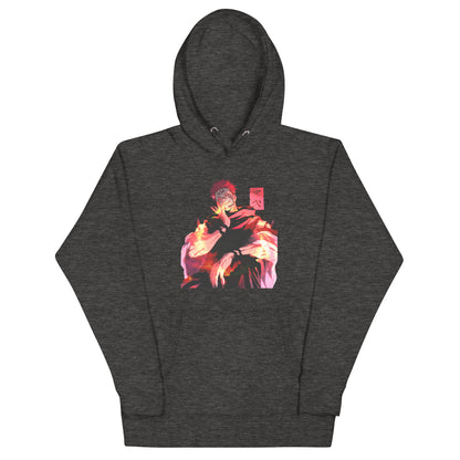 Charcoal Heather anime hoodie with red malevolent cursed energy design inspired by Jujutsu Kaisen