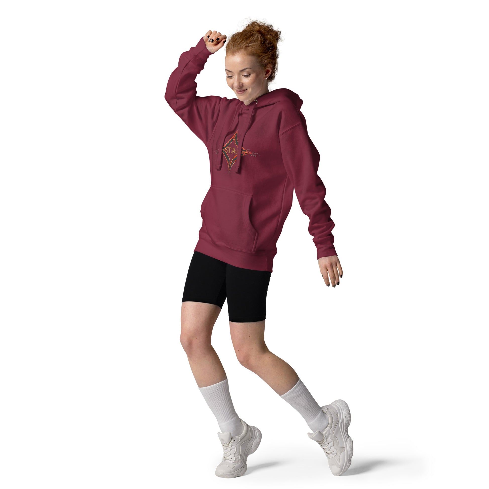 Cardinal color hoodie featuring bright star universal decay cosmic design with vibrant supernova colors