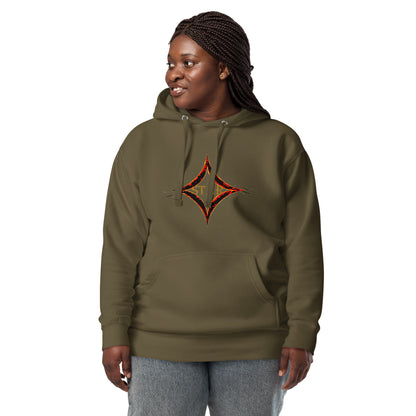 Military green color hoodie featuring bright star universal decay cosmic design with vibrant supernova colors