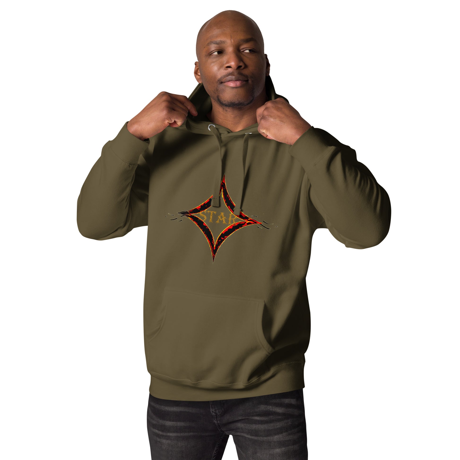 Military Green color hoodie featuring bright star universal decay cosmic design with vibrant supernova colors