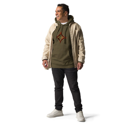 Military Green color hoodie featuring bright star universal decay cosmic design with vibrant supernova colors