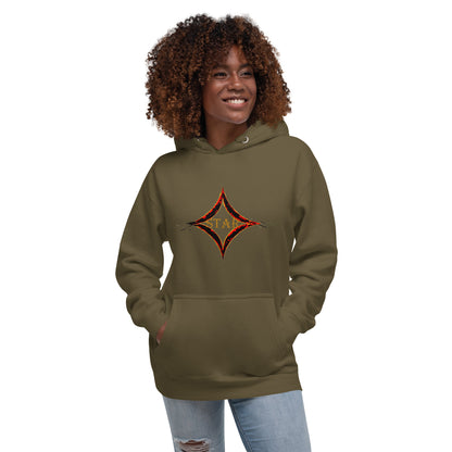 Military green color hoodie featuring bright star universal decay cosmic design with vibrant supernova colors