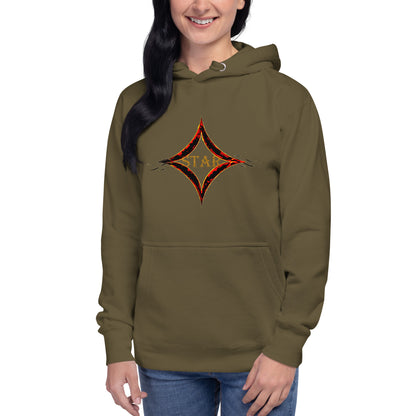 Military Green color hoodie featuring bright star universal decay cosmic design with vibrant supernova colors