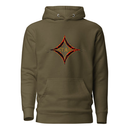 Military green color hoodie featuring bright star universal decay cosmic design with vibrant supernova colors