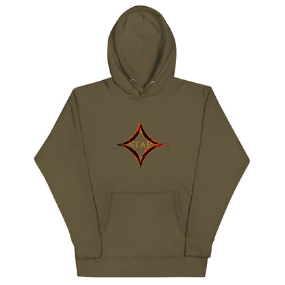 Military Green color hoodie featuring bright star universal decay cosmic design with vibrant supernova colors