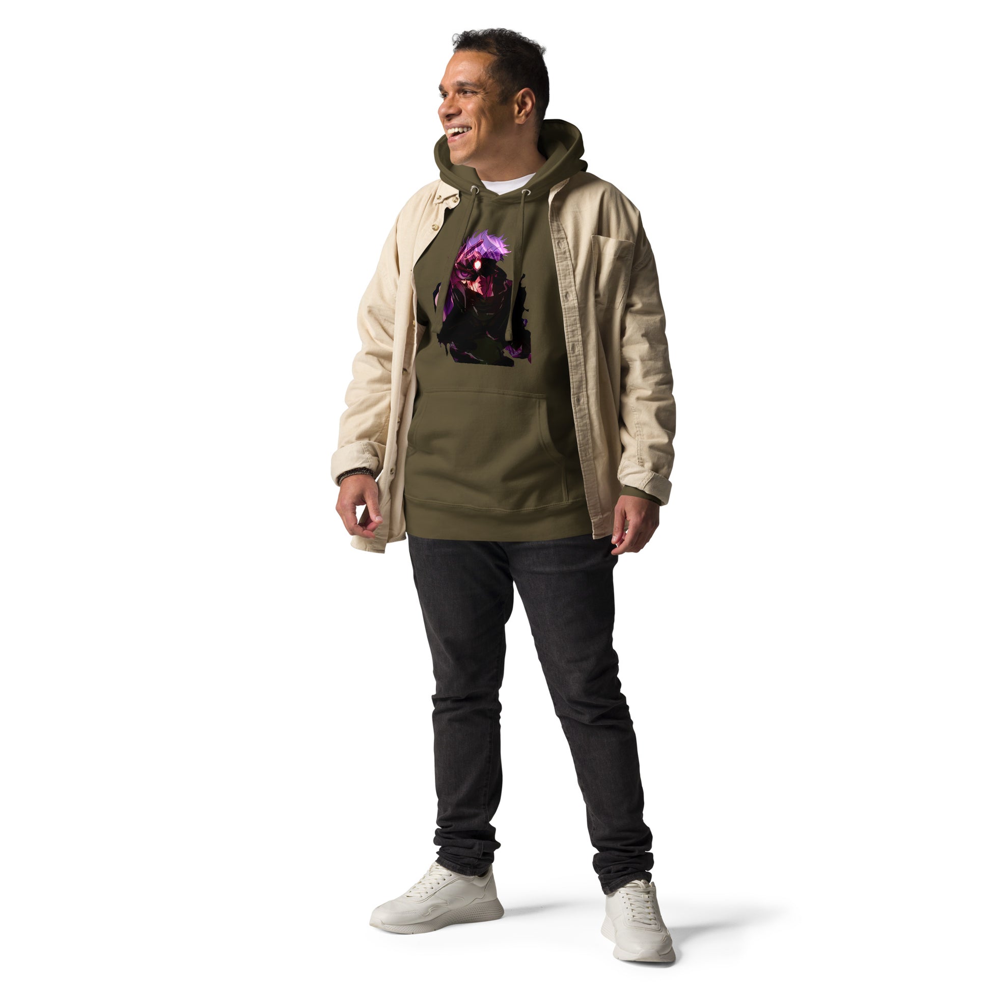 Military Green infinity streetwear hoodie featuring minimal urban design, oversized hood and split pocket details