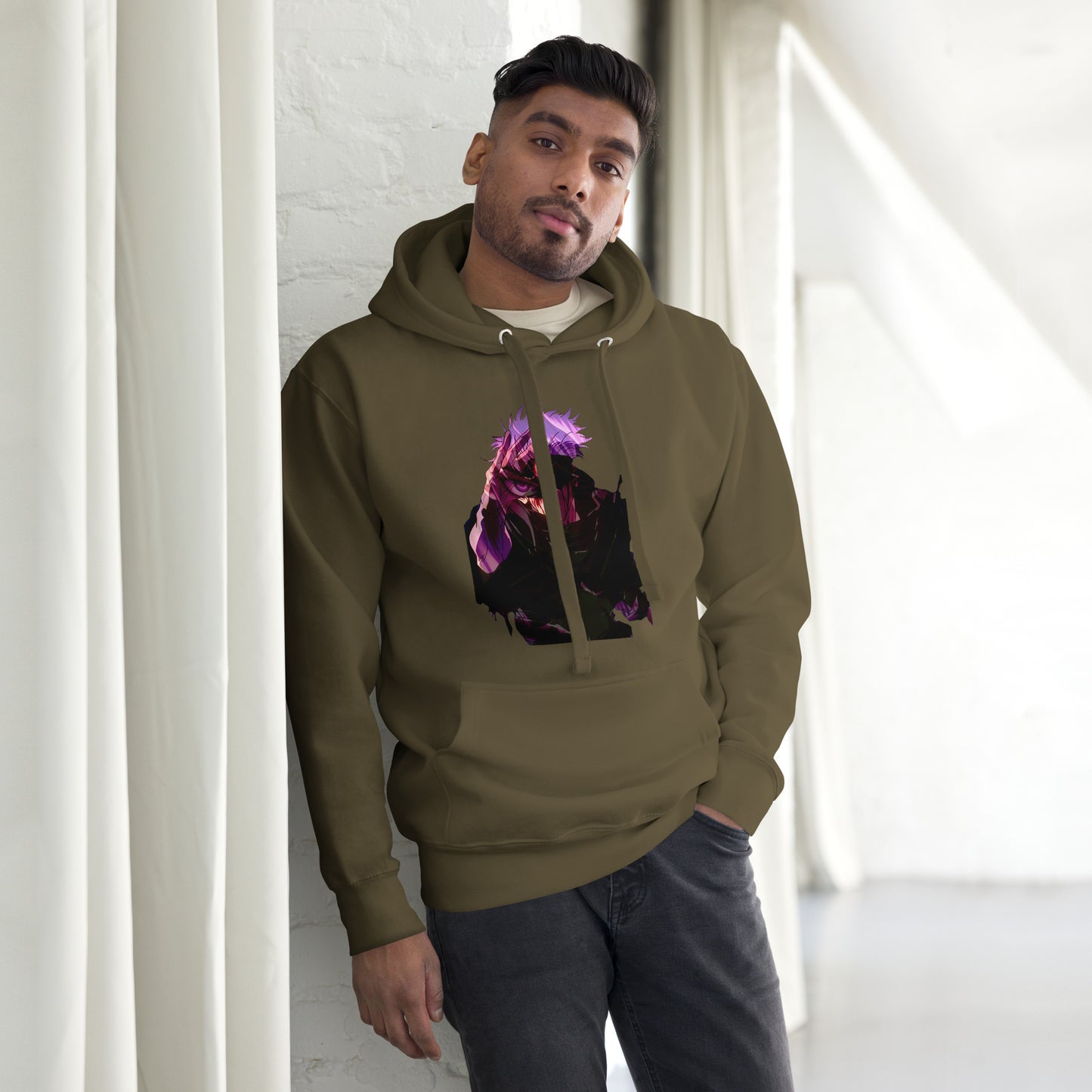 Military Green infinity streetwear hoodie featuring minimal urban design, oversized hood and split pocket details