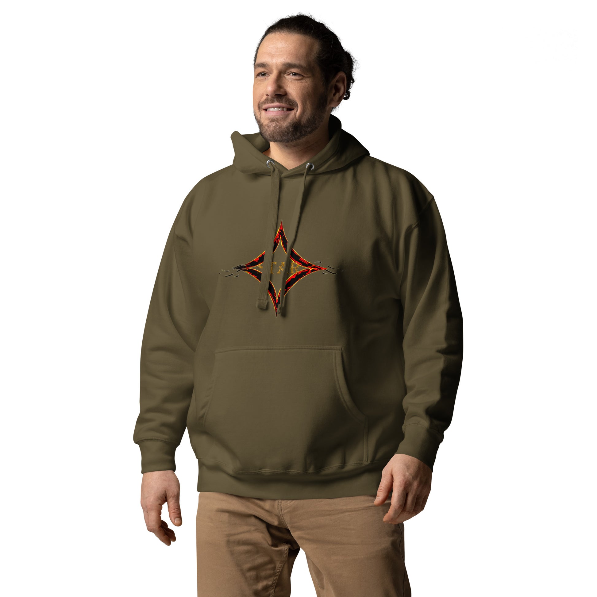 Military Green color hoodie featuring bright star universal decay cosmic design with vibrant supernova colors