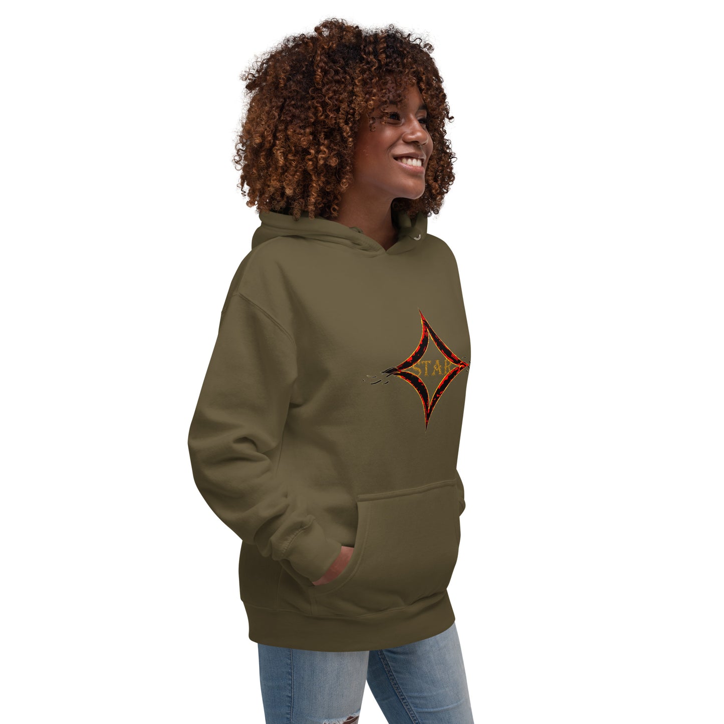 Military Green color hoodie featuring bright star universal decay cosmic design with vibrant supernova colors