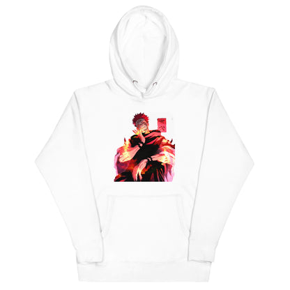 White anime hoodie with red malevolent cursed energy design inspired by Jujutsu Kaisen