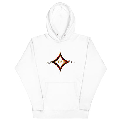 White color hoodie featuring bright star universal decay cosmic design with vibrant supernova colors