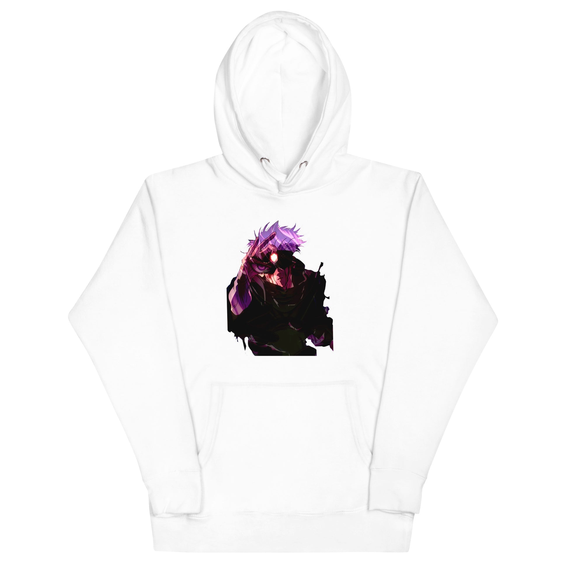 White infinity streetwear hoodie featuring minimal urban design, oversized hood and split pocket details