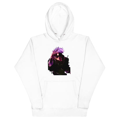 White infinity streetwear hoodie featuring minimal urban design, oversized hood and split pocket details