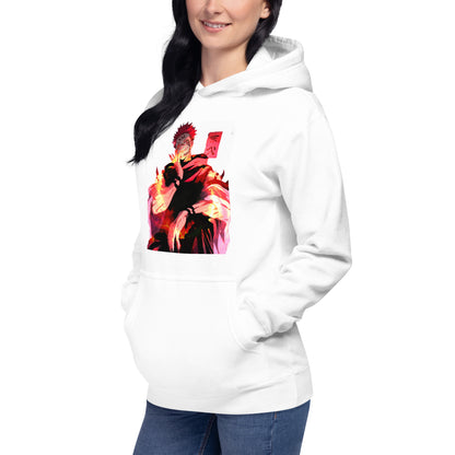 White anime hoodie with red malevolent cursed energy design inspired by Jujutsu Kaisen