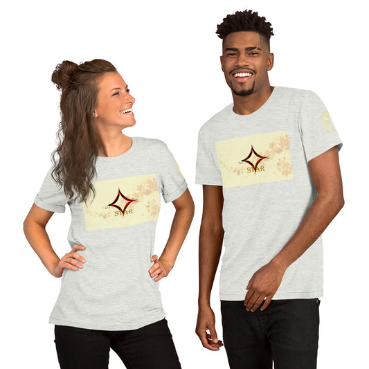 Eco-friendly organic cotton White t-shirt featuring spring star constellation design with geometric connecting lines on light blue fabric