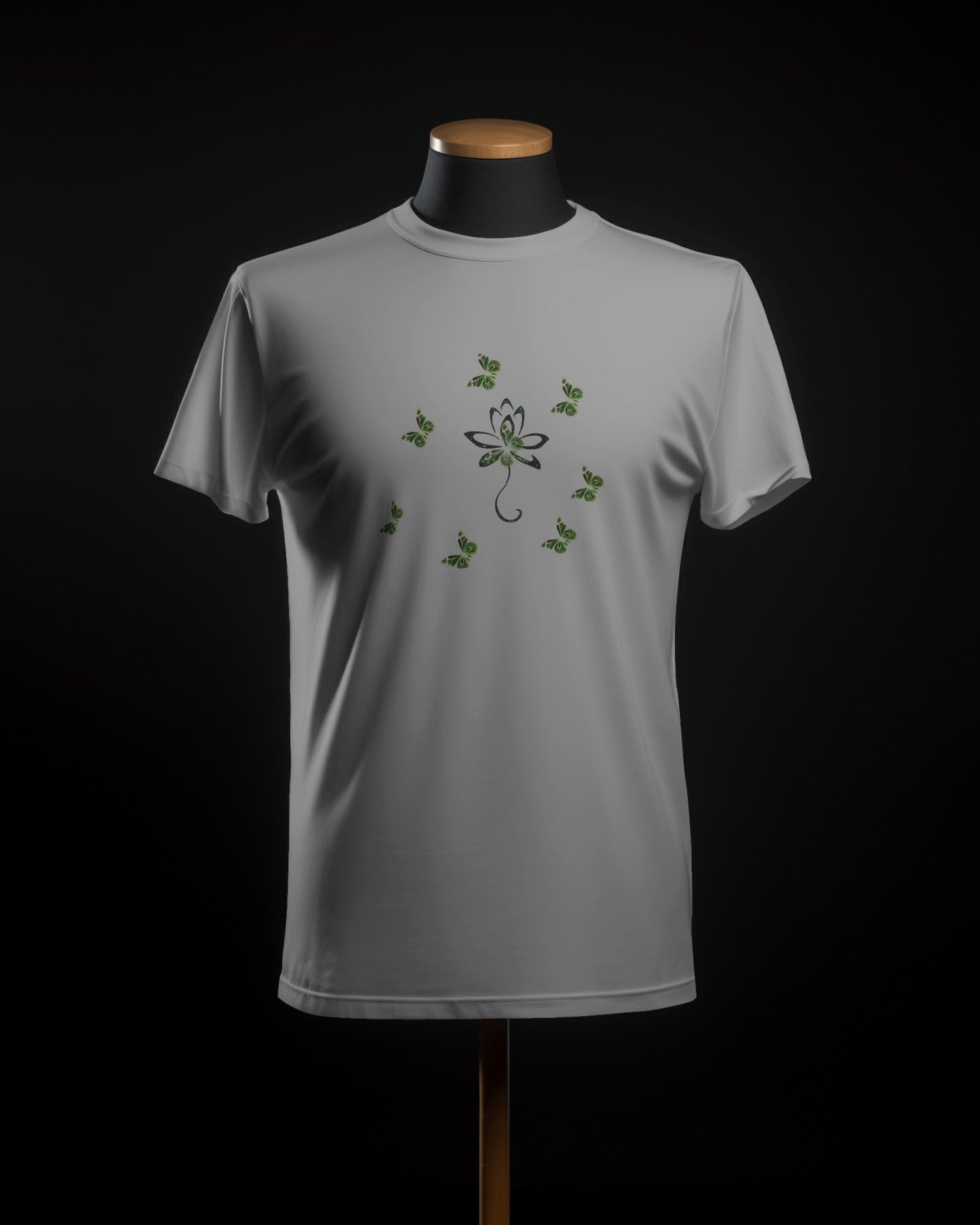 Eco-friendly organic cotton Carbon Grey color t-shirt with green environmental design featuring leaf patterns and nature symbols