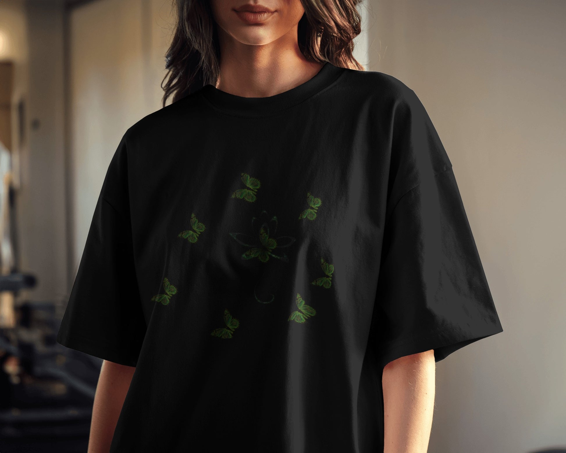 Eco-friendly organic cotton Black color t-shirt with green environmental design featuring leaf patterns and nature symbols